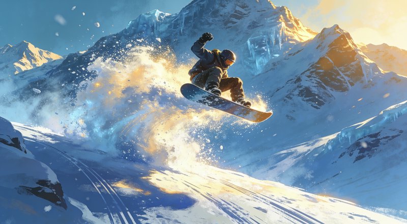 Snowboarder performing a high jump on a snowy mountain slope with powder spray.