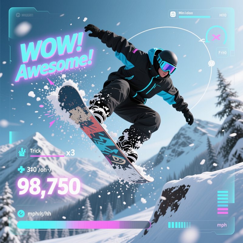 Snowboarder mid-air performing a trick with neon game HUD overlays in a snowy mountain landscape.