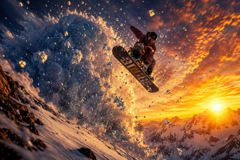 Snowboarder mid-air on a snowy mountain with a dramatic sunset and flying snow spray.