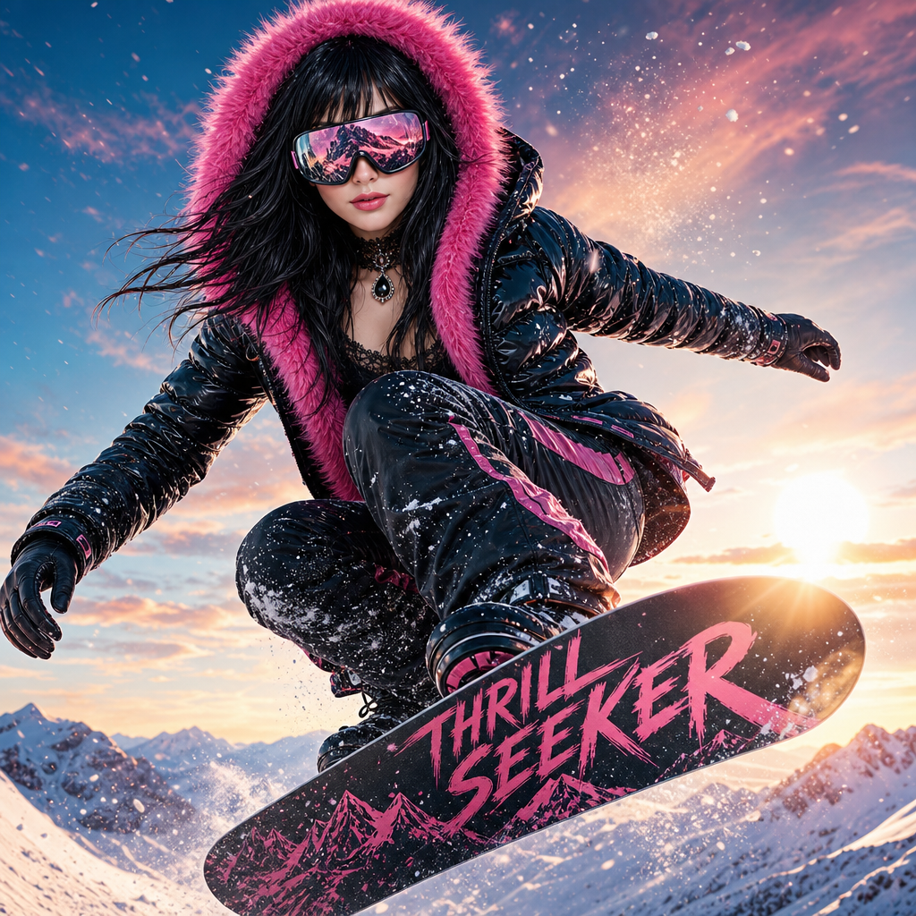 Snowboarder in a pink-trimmed, fur-lined jacket with mirrored goggles mid-jump on a pink-thrasher snowboard.
