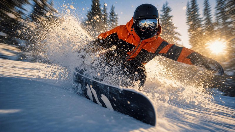 Snowboarder in orange jacket carving through fresh powder as the sun sets behind trees.