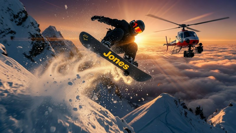 Snowboarder jumping off a snowy cliff at sunset with a helicopter in the background.