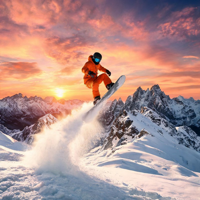 Snowboarder in orange gear jumping off a snowy mountain ridge at sunset.