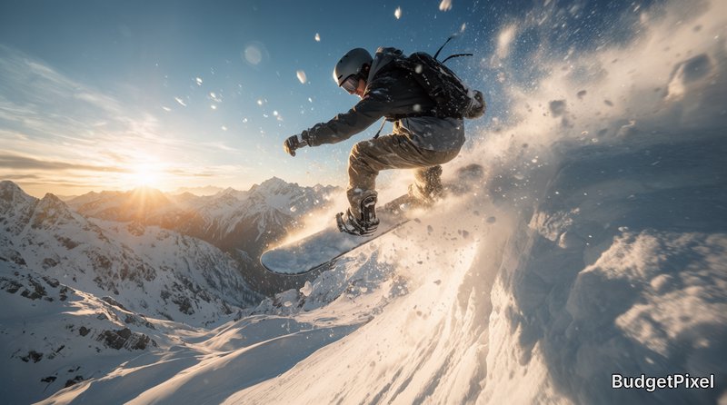 Snowboarder performing a high jump on powdery snow with sunlit alpine mountains in the background.