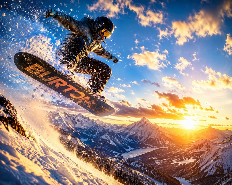 Action shot of a snowboarder jumping off a snowy slope at sunset with mountains in the background.