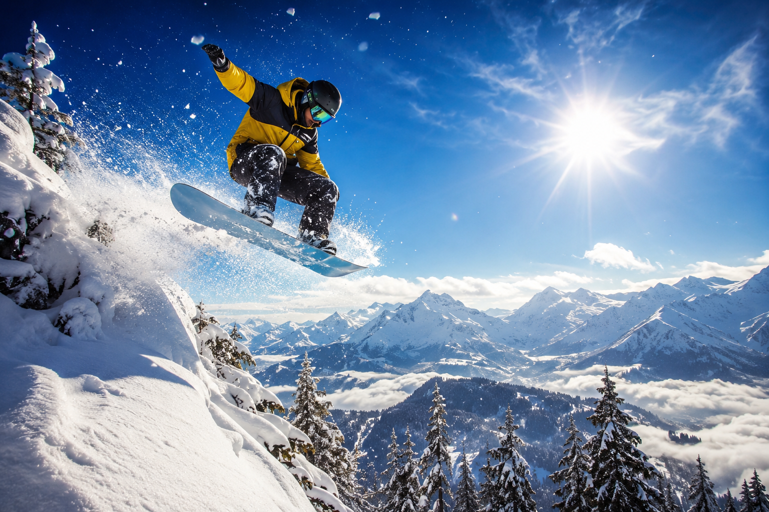 Snowboarder in a yellow jacket leaps off a snowy cliff with alpine mountains under a bright sun.