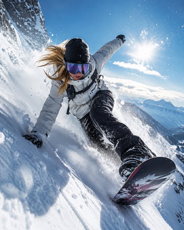 Snowboarder carving down a snowy slope with mountains and blue sky in the background.
