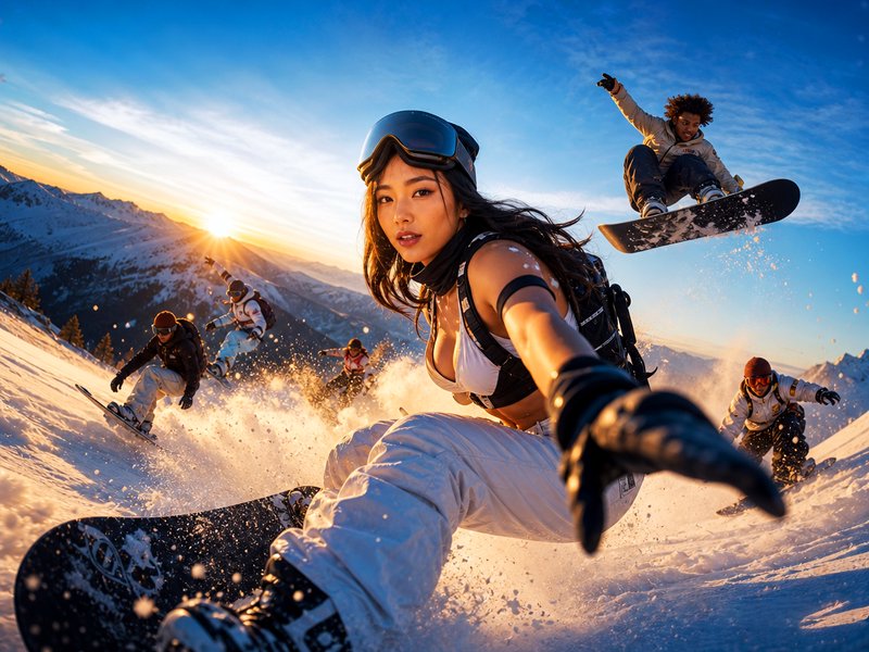 Female snowboarder in foreground filming a group ride on a snowy mountain at sunset.