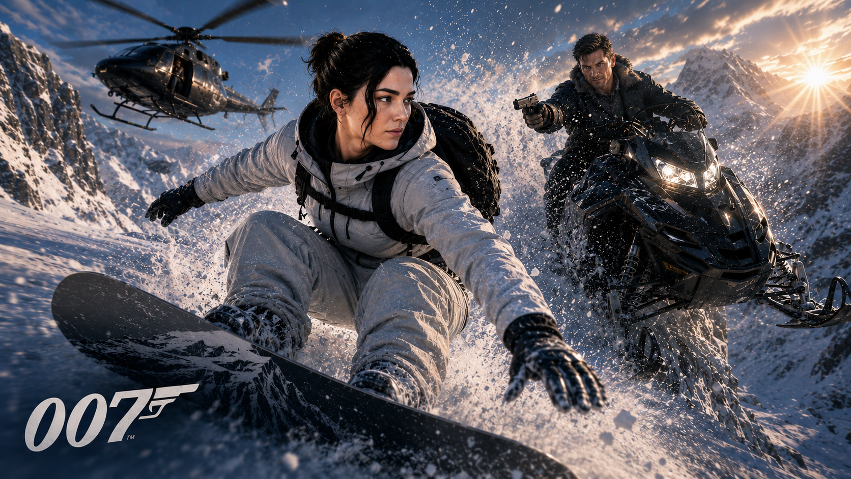 Action-packed winter chase featuring a snowboarder, snowmobile, helicopter, and snowy mountains.