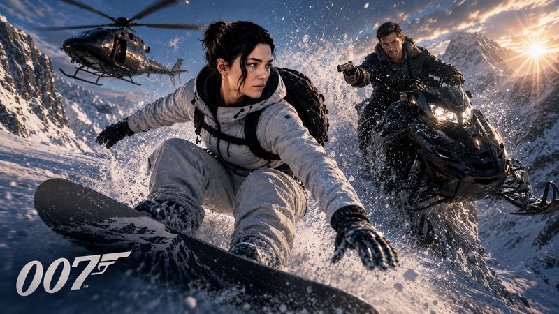 Action-packed winter chase featuring a snowboarder, snowmobile, helicopter, and snowy mountains.
