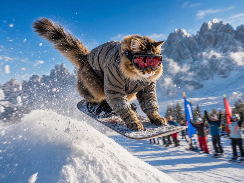 Snowboarding cat wearing goggles and a jacket on a snowy slope