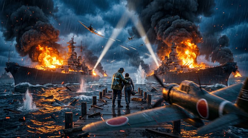 Couple stands on a rain-soaked pier as two battleships burn in a dramatic WWII naval battle.