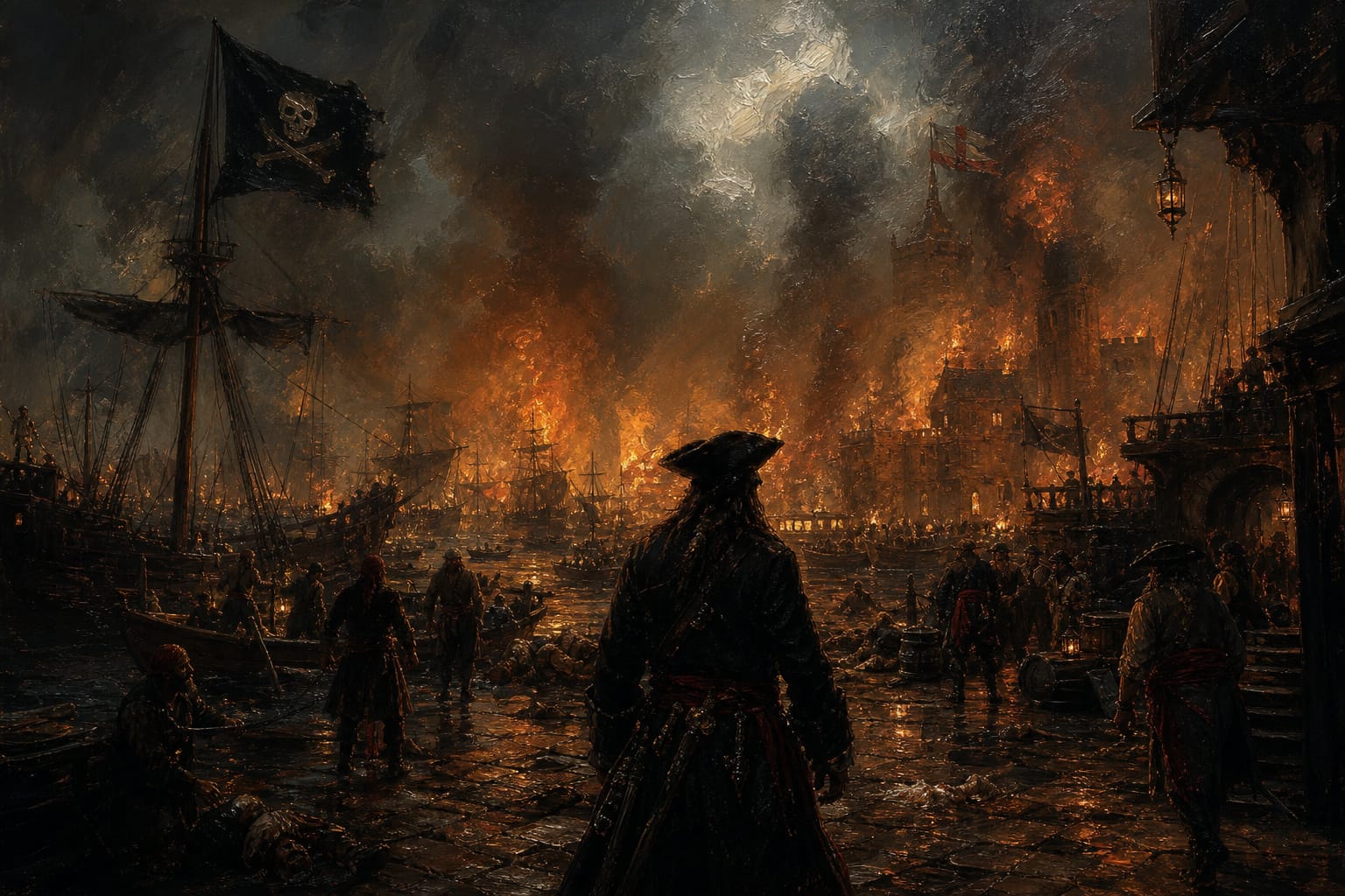Pirate captain overlooking a burning harbor and ships at night.