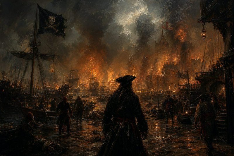 Pirate captain overlooking a burning harbor and ships at night.