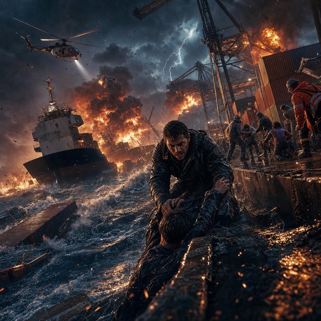 Dramatic harbor disaster scene with flames, ships, cranes, and rescuers amid rough waves.