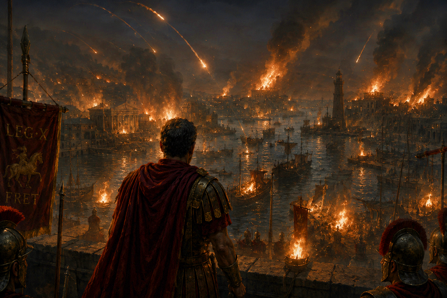 A Roman general in armor and red cape overlooks a burning ancient city under siege.