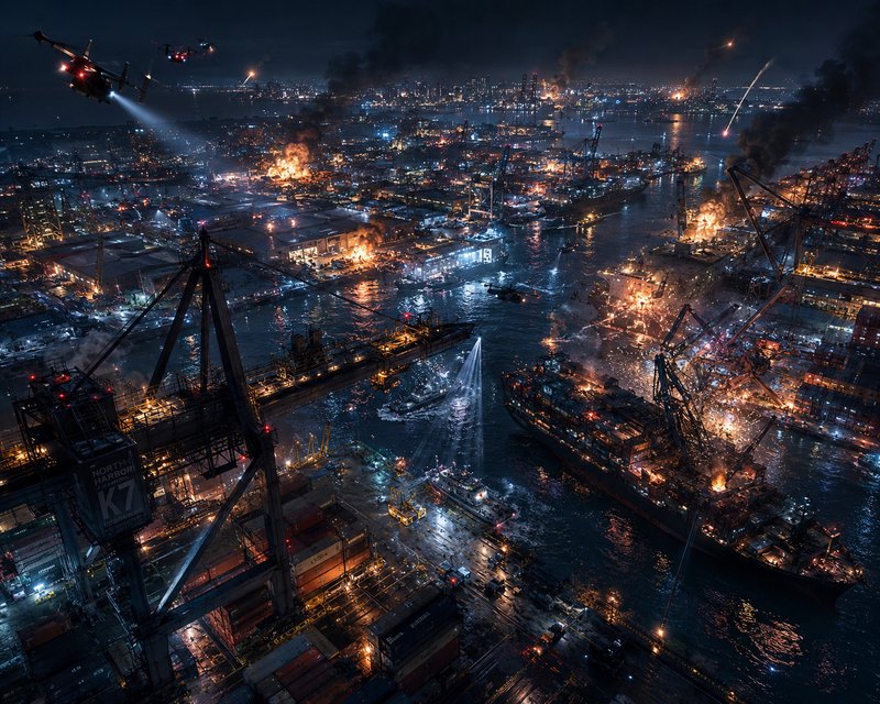 Nighttime port scene with burning fuel fires, cranes, ships, and firefighting helicopters over a crowded harbor.