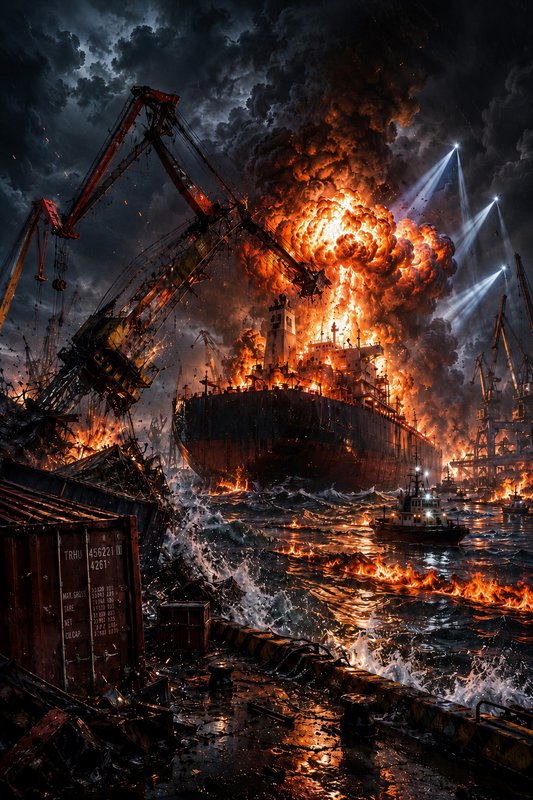 A cargo ship ablaze in a harbor with towering flames, thick smoke, and industrial cranes lit by dramatic lighting.