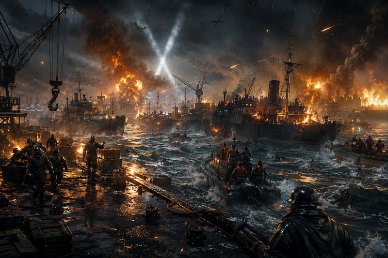 Intense night naval battle with burning ships and smoky harbor amid explosions and rough seas.