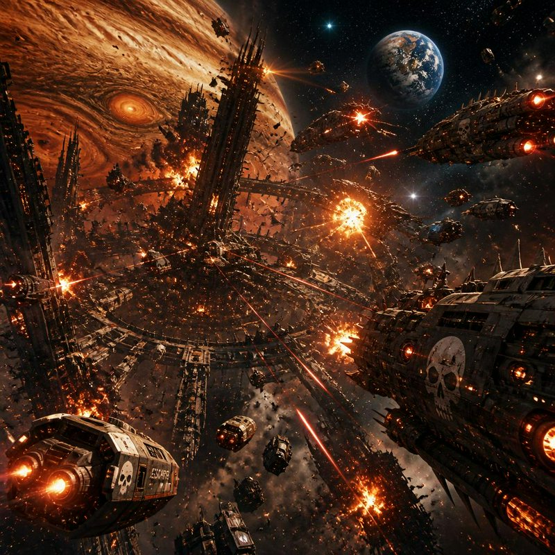 Epic sci-fi space battle around a ring-shaped space station with explosions and skull insignia.