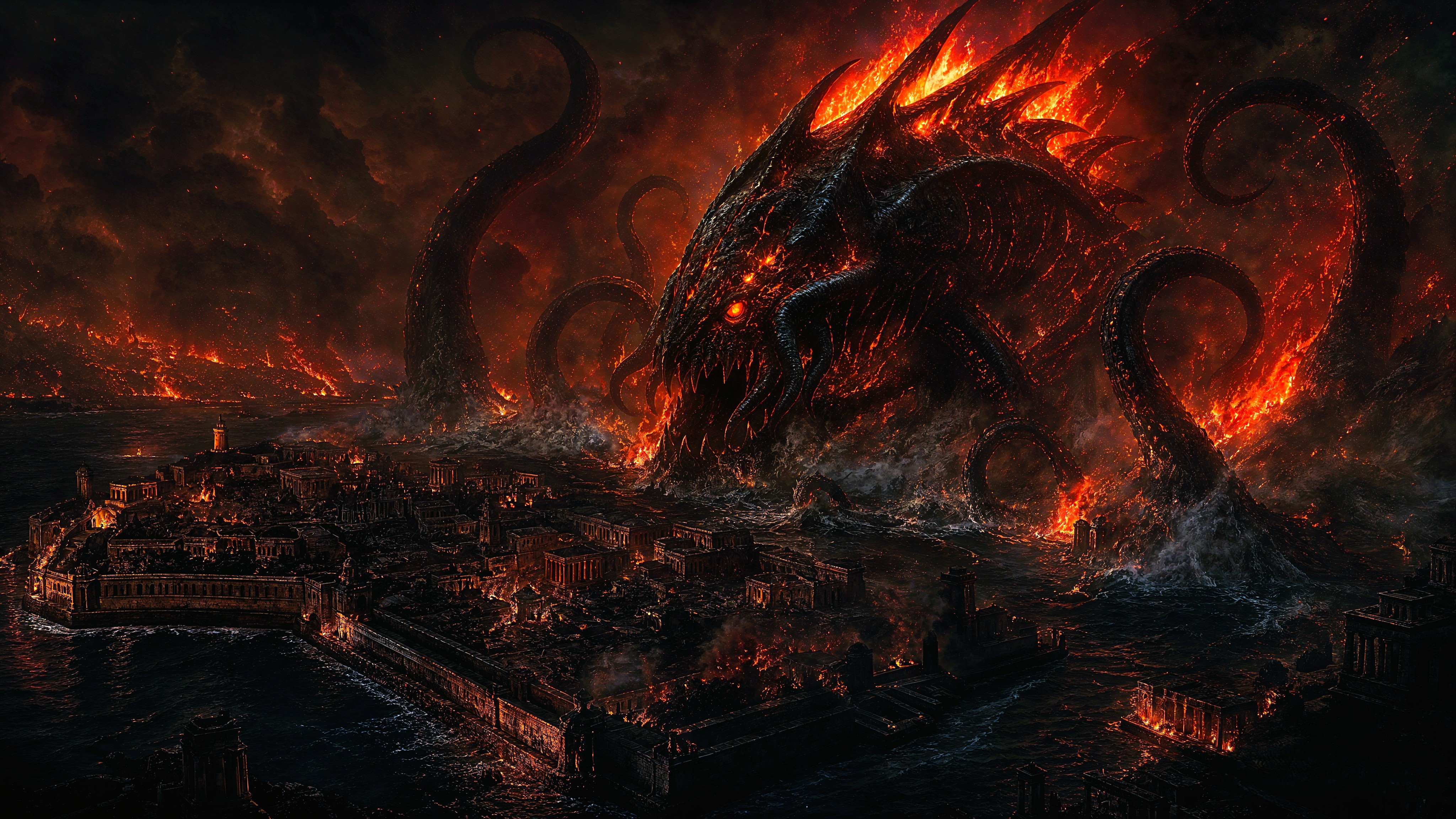 Massive fiery sea monster with tentacles destroying a coastal city amid lava and flames.