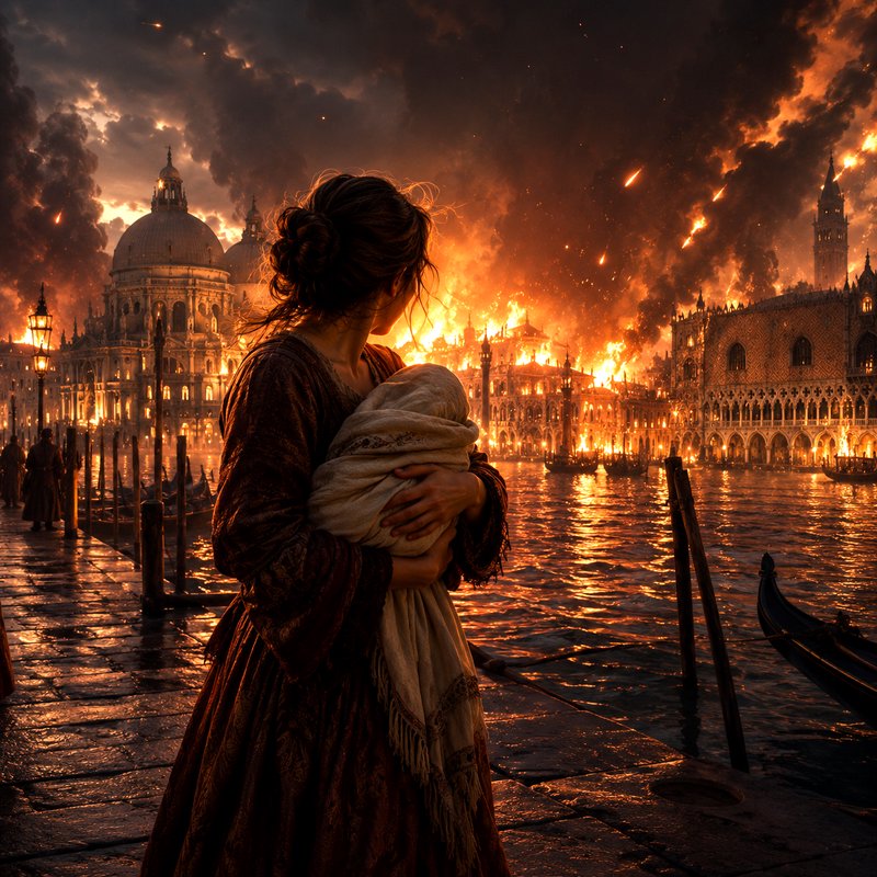 Woman in a period dress cradles a baby as a city with domes and canals burns in fiery flames.