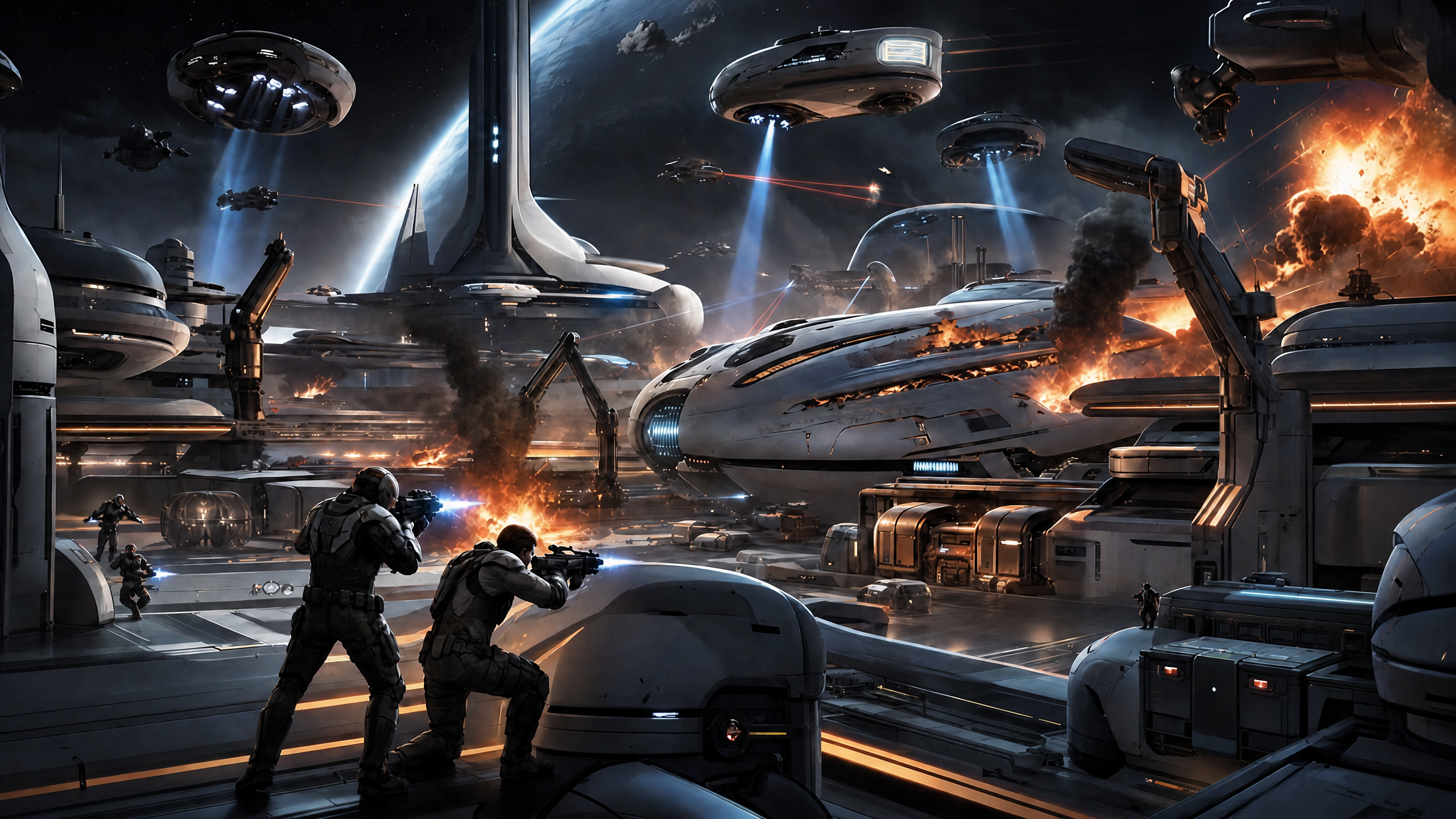 Futuristic space battle scene with soldiers firing on a spaceport amid exploding ships and glowing tech.