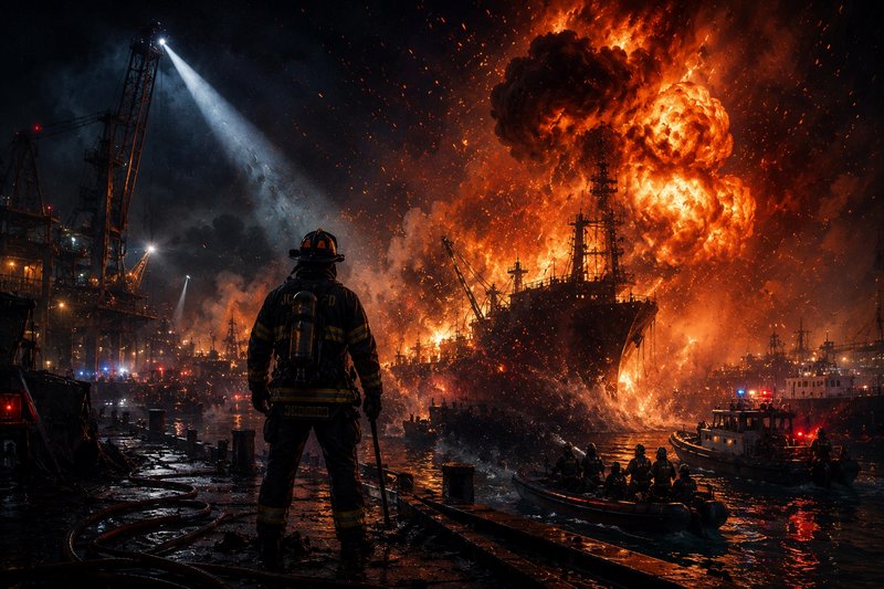 Firefighter in foreground as massive ship burns at a chaotic, fiery port at night.