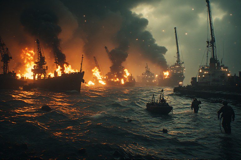 Nighttime port scene with blazing fires among offshore rigs and ships, smoke rising over rough sea.