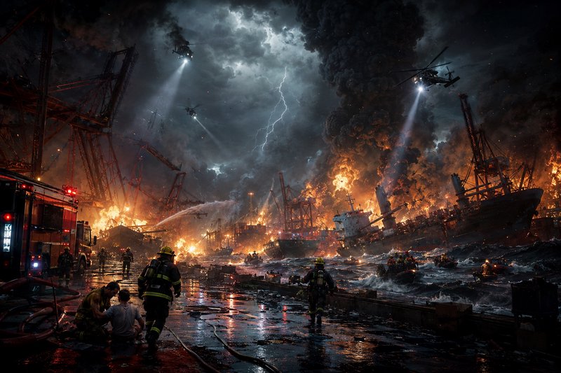 Harbor fire at night with burning ships, cranes, firefighters, and helicopters amid smoke and lightning.