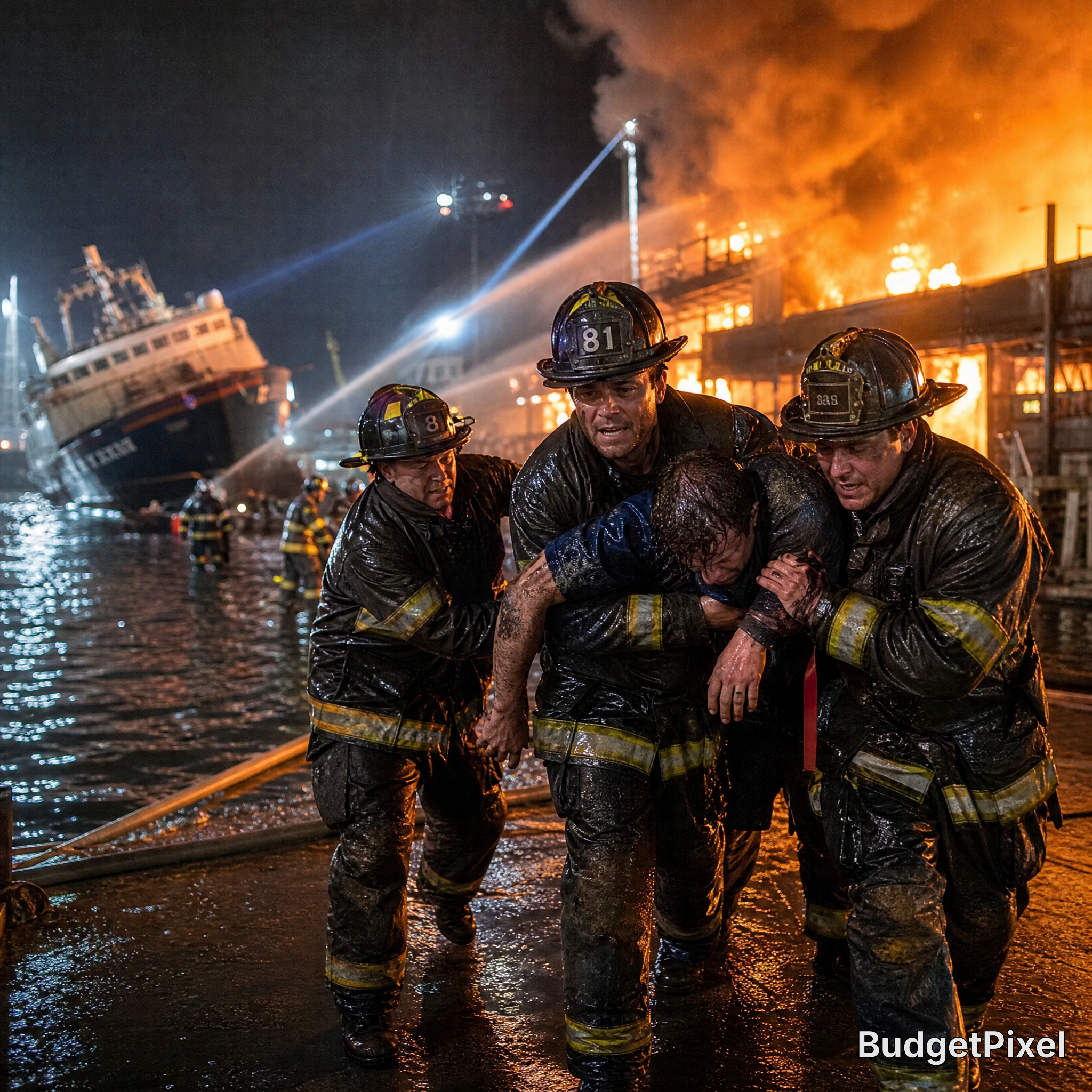 Firefighters carry a drenched colleague away from a dock fire at night amid burning buildings and a burning ship in the ba...