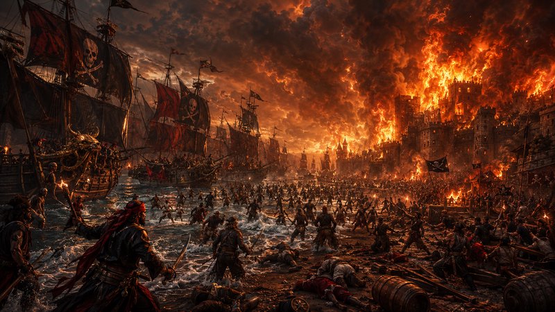 Epic medieval fantasy battle at a burning harbor fortress with pirate ships and clashing soldiers.