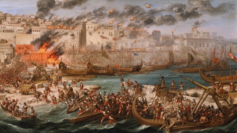 Historic naval battle at a harbor with burning city, smoke, and erupting cannons.