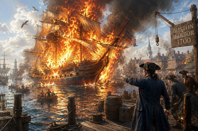 A large sailing ship erupts in flames at Boston Harbor, with onlookers on a wooden pier and smoke...