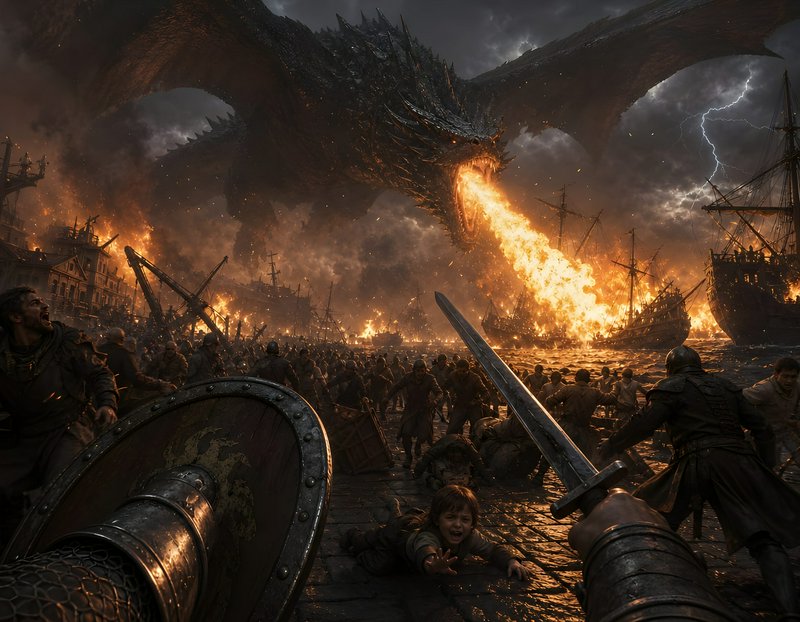 A colossal dragon breathing fire over a medieval harbor battle with soldiers and sinking ships.