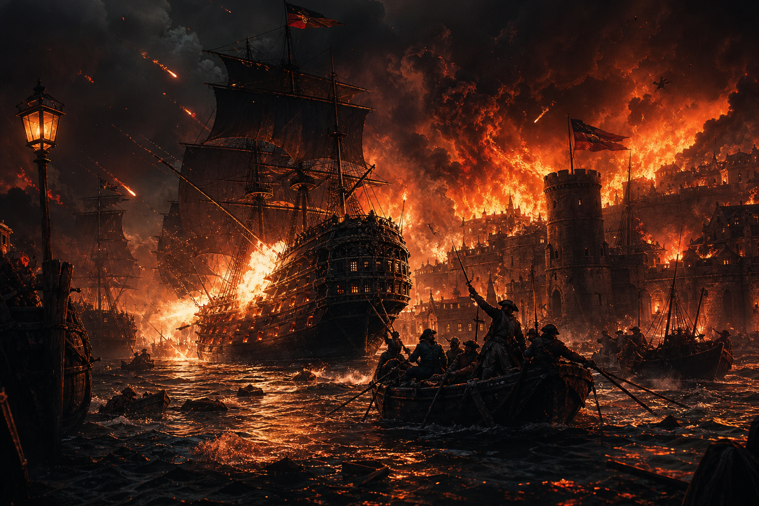 A burning, historic warship amid a fiery medieval harbor with soldiers in a small boat nearby.