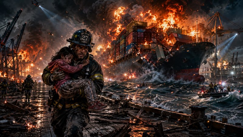 Firefighter carrying a child amid a burning cargo ship and chaotic port disaster scene.