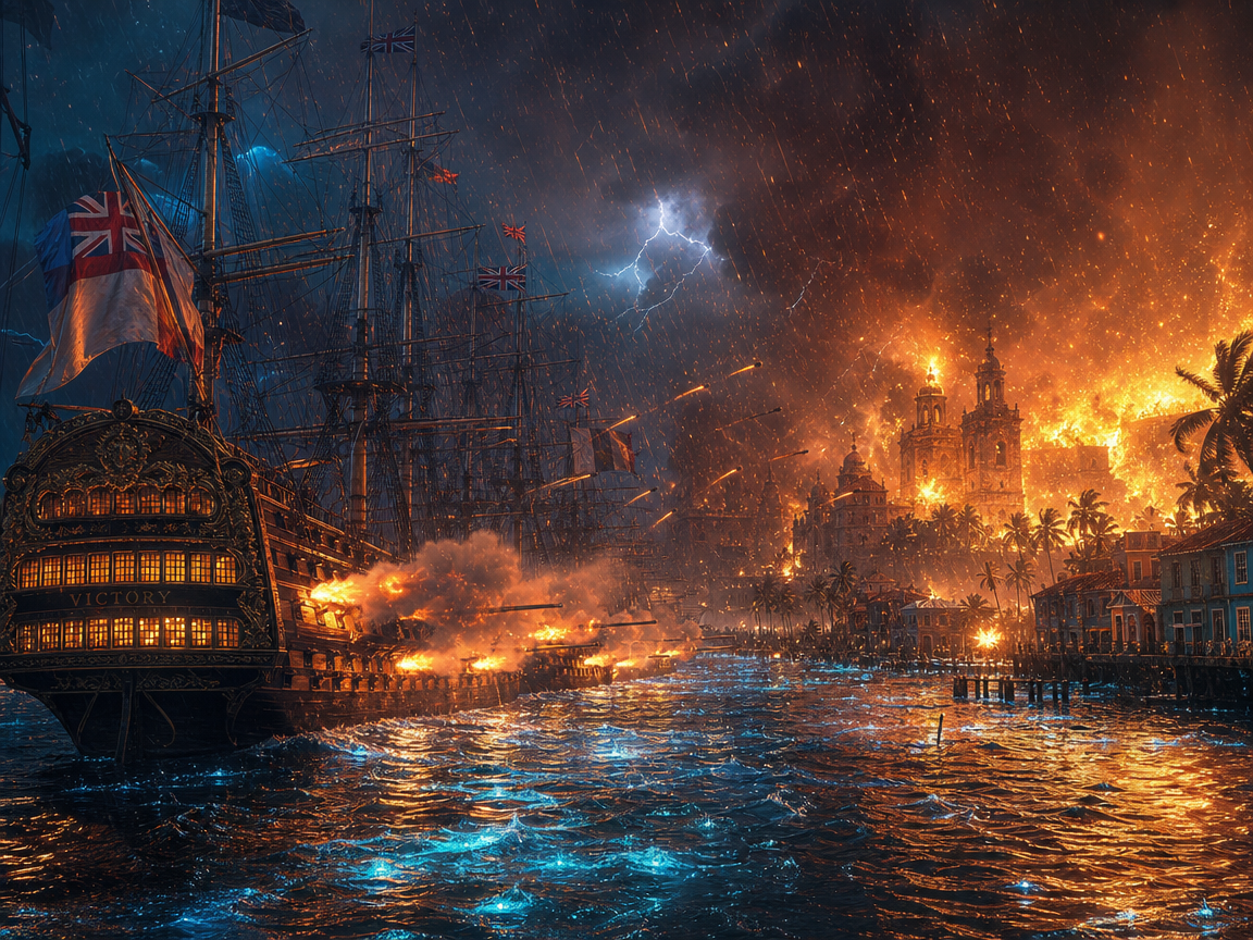 Sailing ship Victory at a fiery harbor battle with stormy skies, lightning, and burning city lights.