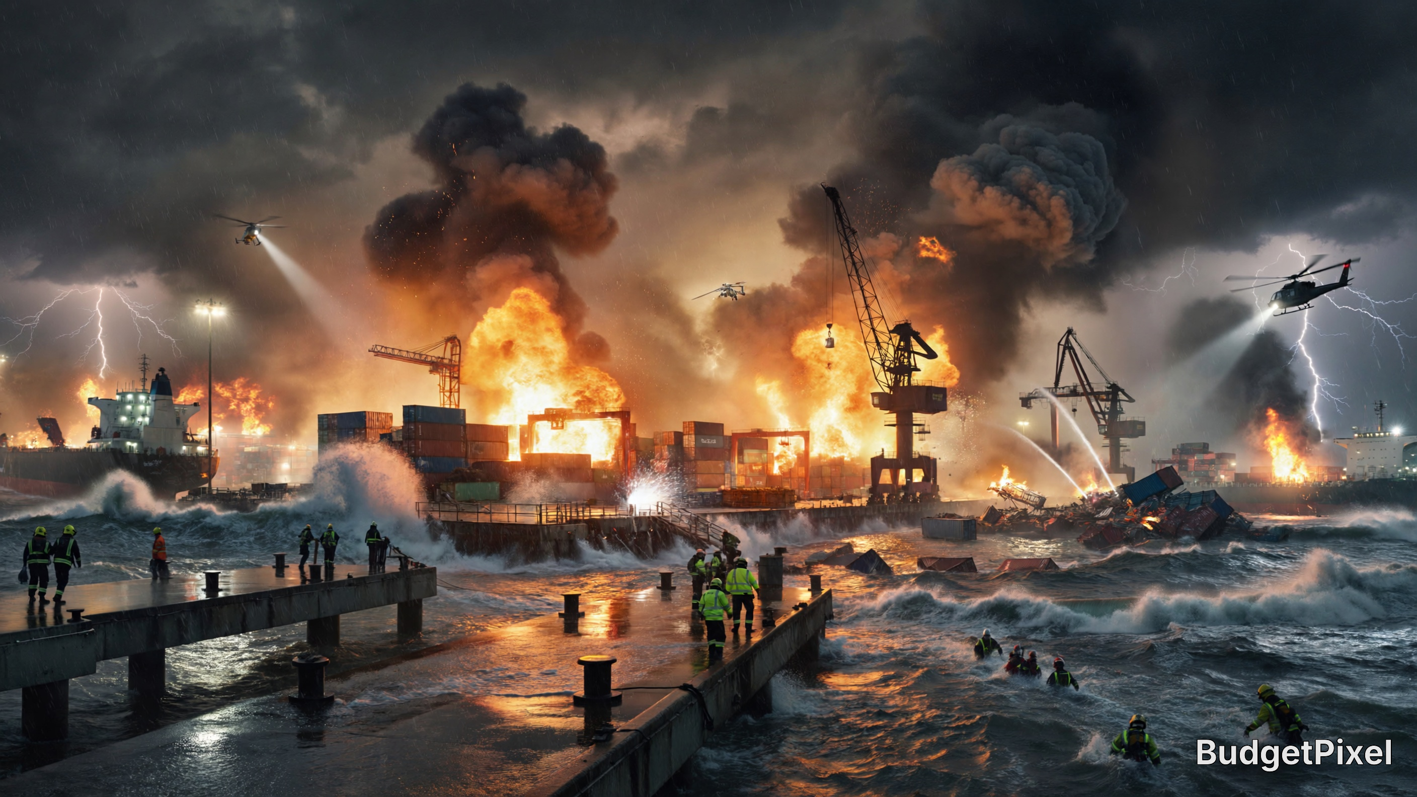 Port disaster scene with fire, explosions, cranes, and helicopters over rough seas at night.