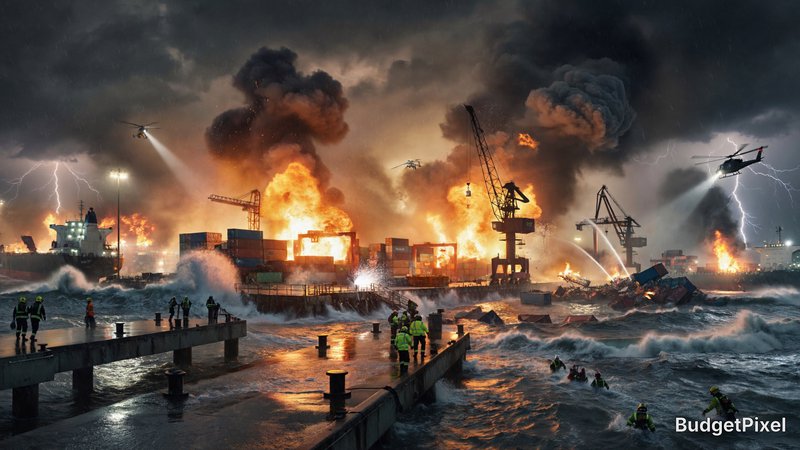 Port disaster scene with fire, explosions, cranes, and helicopters over rough seas at night.