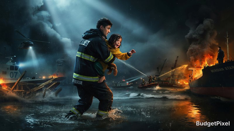 Firefighter rescues a child amid a chaotic harbor fire with burning ships and smoke.