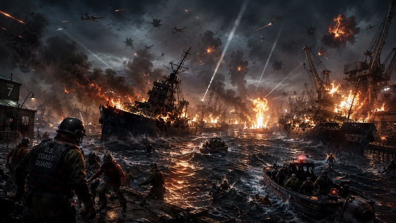 Intense naval battle scene with burning ships, explosions, and rescue boats at night.