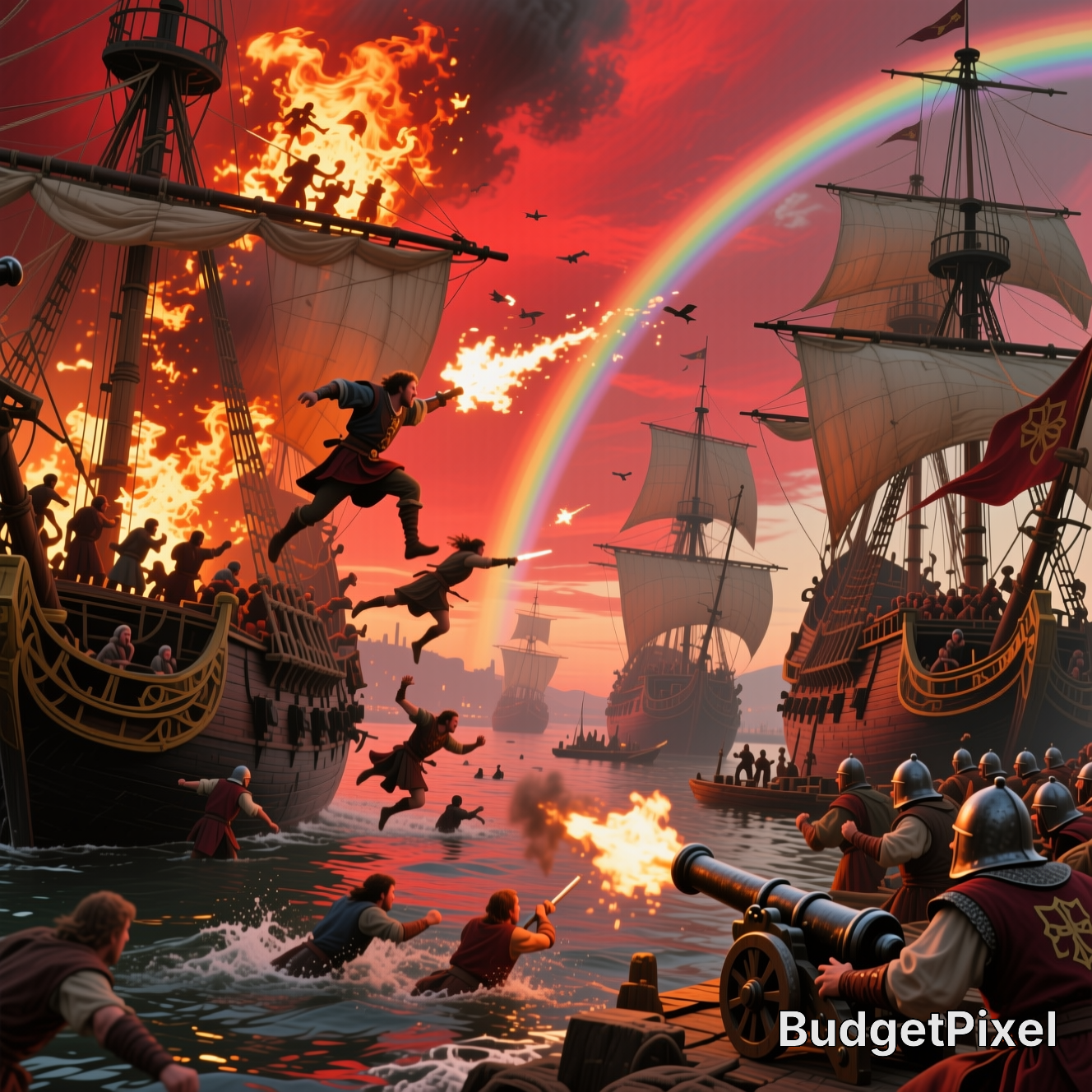 Epic naval battle scene with tall sailing ships, cannon fire, and fighters leaping between ships under a vivid rainbow.