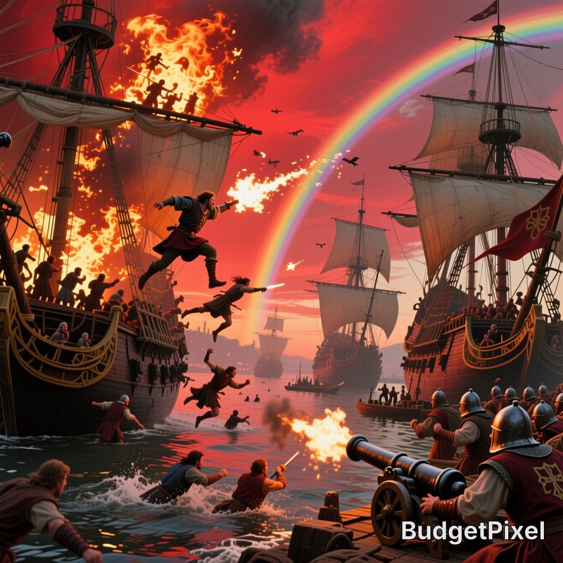 Epic naval battle scene with tall sailing ships, cannon fire, and fighters leaping between ships under a vivid rainbow.
