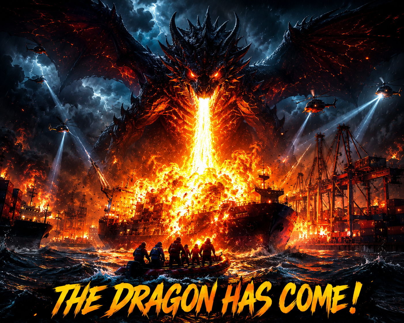 A colossal dragon spews lava over a burning port, with ships, cranes, and helicopters in a fiery, chaotic scene.