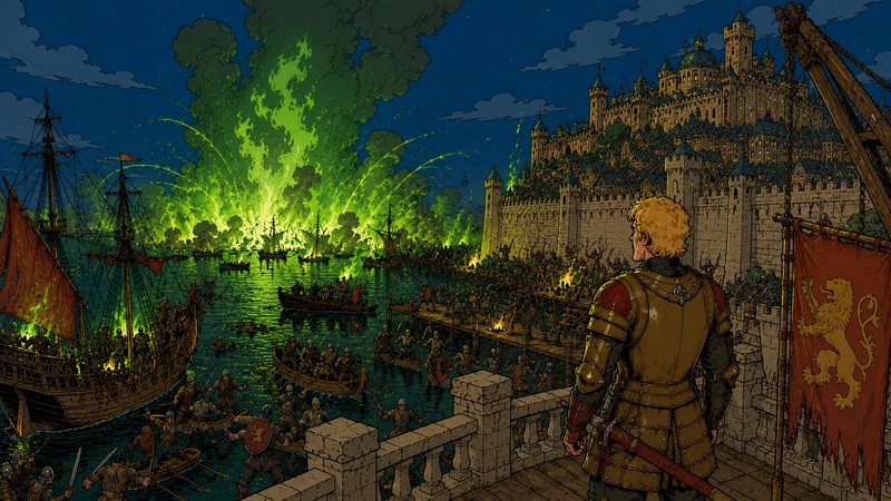 Medieval knight on a castle wall watching a fiery siege with green explosions and ships in a harbor.