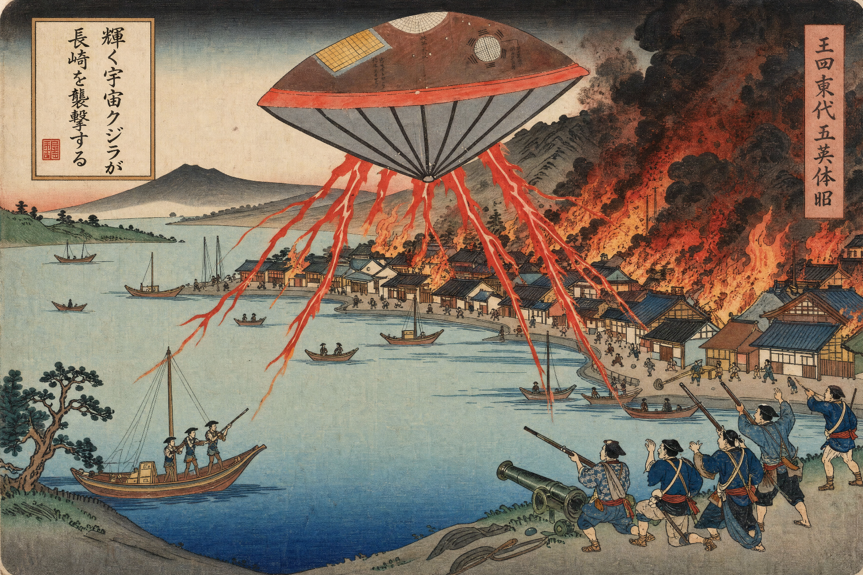 UFO-style airship descending over a Japanese coastal town, firing red beams amid flames.