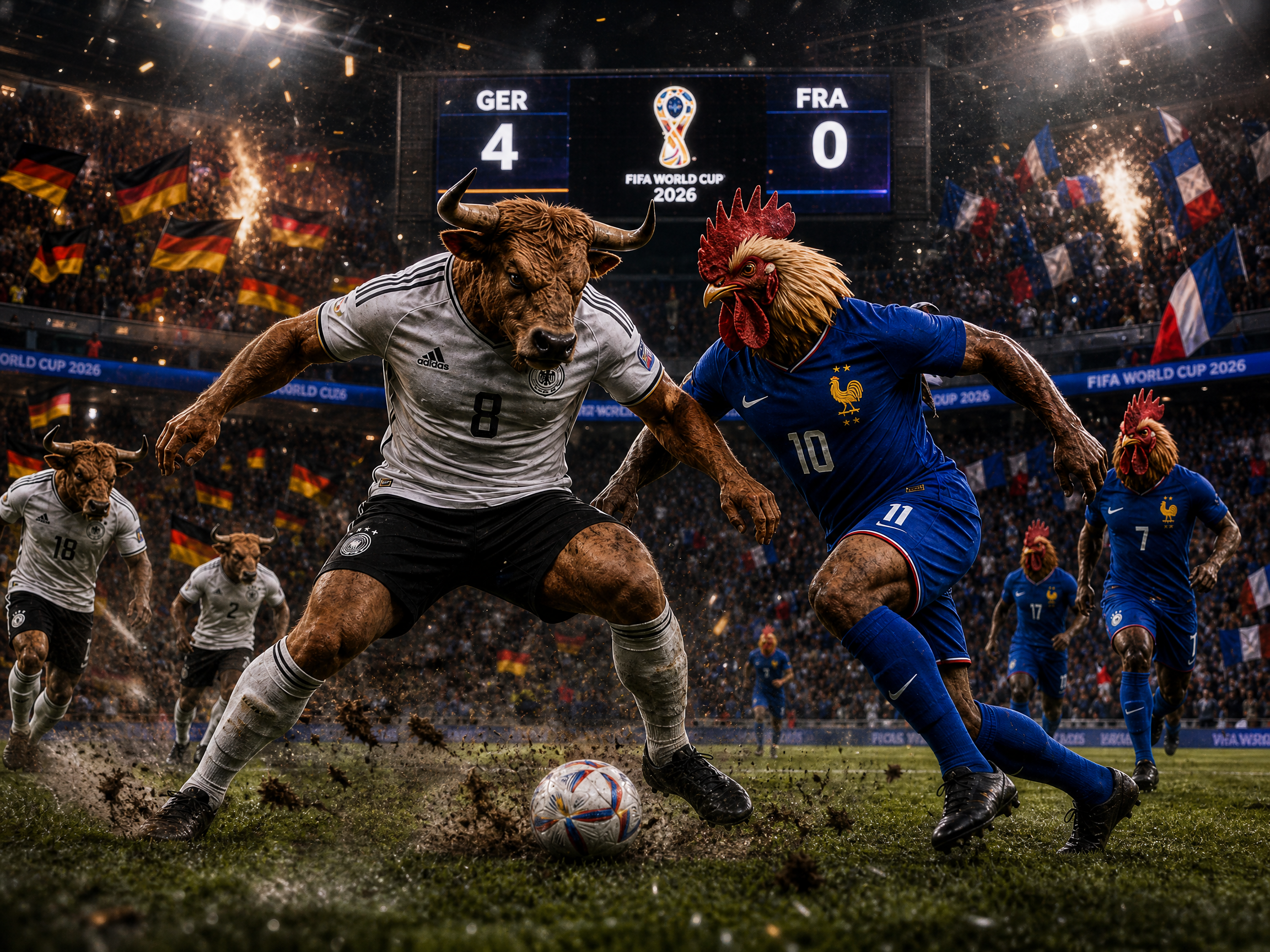 Germany vs France soccer match with bull and rooster mascots chasing the ball on a muddy World Cup 2026 pitch.