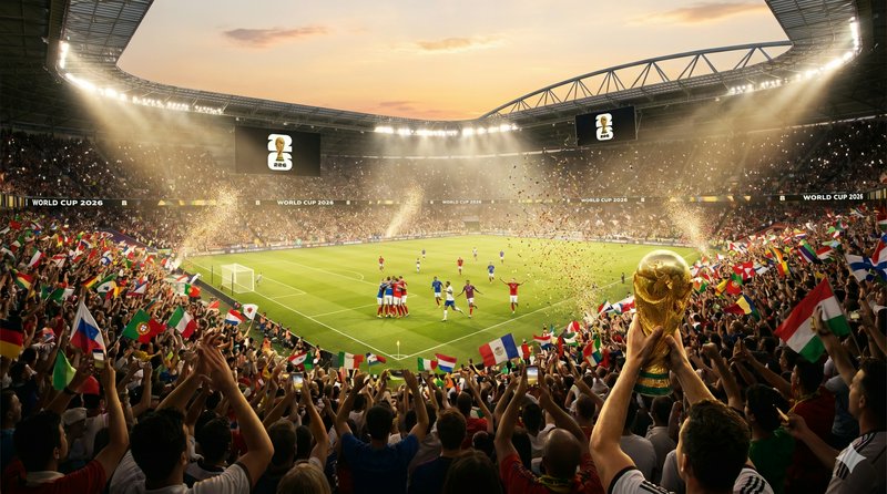 Stadium packed with fans celebrating World Cup 2026 as players compete on the field and the golde...