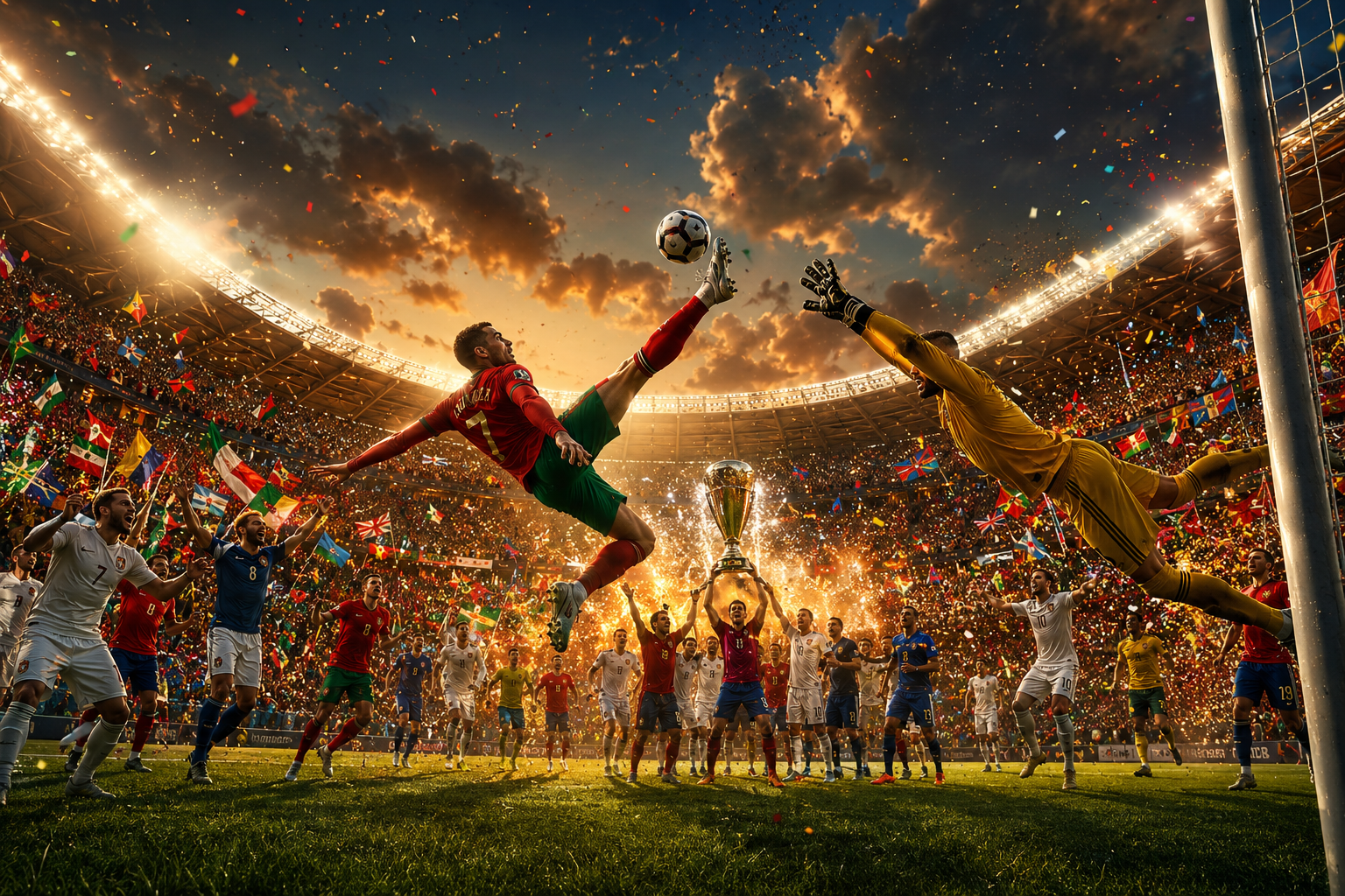 Forward soccer player in red shoots toward goal as goalie dives near celebratory stadium crowd at sunset.